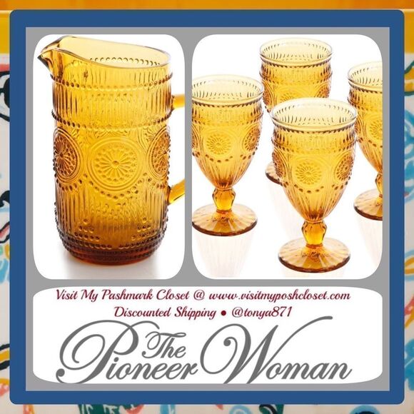 🦋♥️ RARE!! HTF!! Pioneer Woman Adeline Pitcher & 4 Glass Goblets Gift Set - Picture 1 of 12
